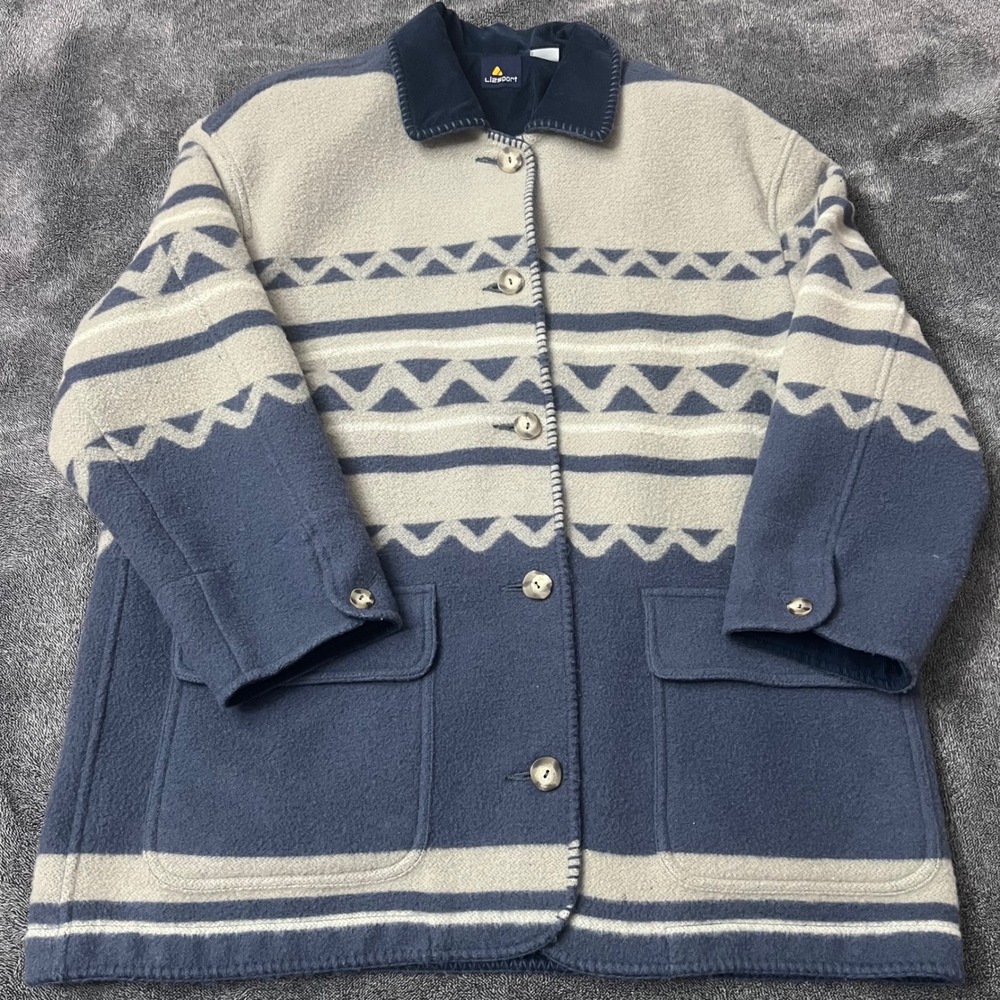 Vintage LizSportMens Blue Geometric Wool Blend Southwestern Blanket Jacket Coat